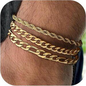NEW! 3Pcs Chain Bracelets for Men, 316L Stainless Steel Figaro Rope Cuban Link